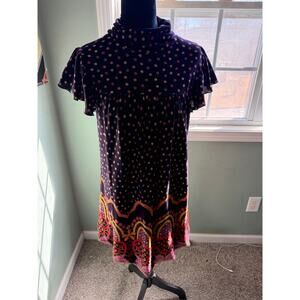 Poppy Garden Velvet Polka Dot Boho Mini Dress Size M Turtleneck Ruffle Sleeves